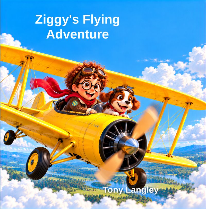 Ziggy's Flying Adventure book cover — Ziggy and Scout in a yellow biplane
